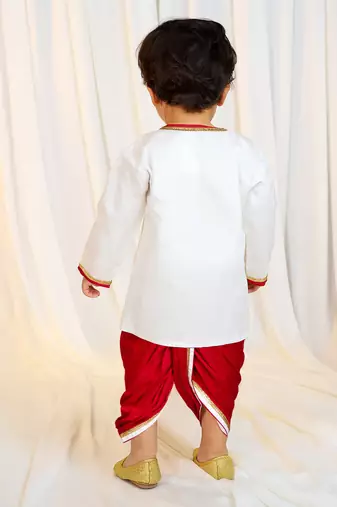kids wear boys white satin kurta dhoti set with embroidery