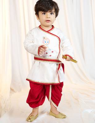kids wear white satin kurta dhoti set boys with belt 1
