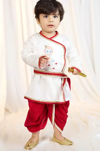 kids wear white satin kurta dhoti set boys with belt