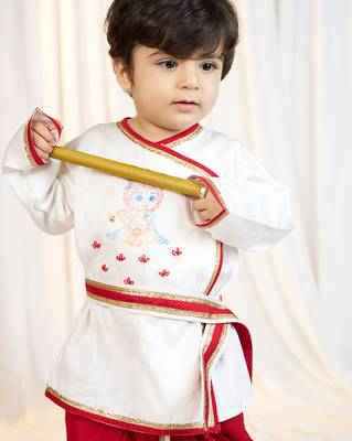 kids wear white satin kurta dhoti set boys with belt 2