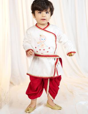 kids wear white satin kurta dhoti set boys with belt 3