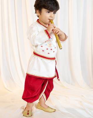 kids wear white satin kurta dhoti set boys with belt 4