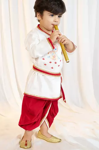 kids wear white satin kurta dhoti set boys with belt