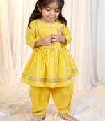 girls wear yellow bandhani cotton kurta with patiala set cotton