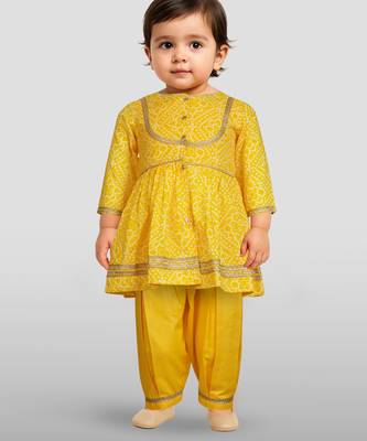 girls wear yellow bandhani cotton kurta with patiala set cotton 3