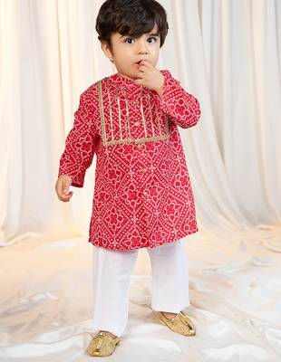 kids wear bandhani cotton kurta set red with white pyjama 1
