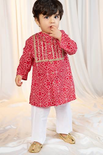 kids wear bandhani cotton kurta set red with white pyjama
