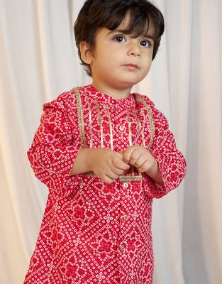 kids wear bandhani cotton kurta set red with white pyjama 2