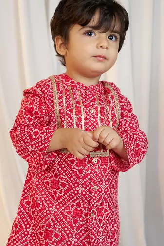 kids wear bandhani cotton kurta set red with white pyjama
