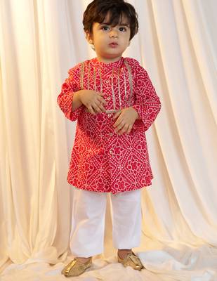 kids wear bandhani cotton kurta set red with white pyjama 3