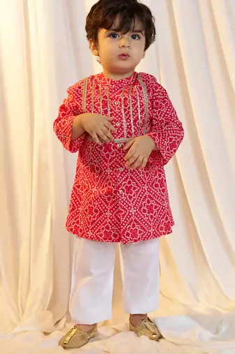 kids wear bandhani cotton kurta set red with white pyjama