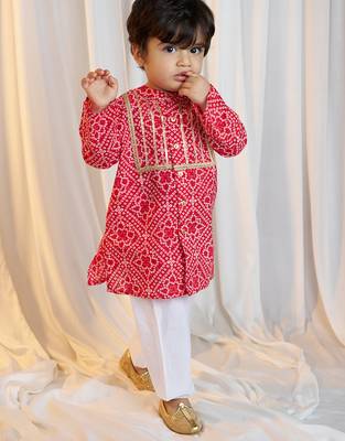 kids wear bandhani cotton kurta set red with white pyjama 4