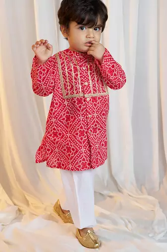 kids wear bandhani cotton kurta set red with white pyjama