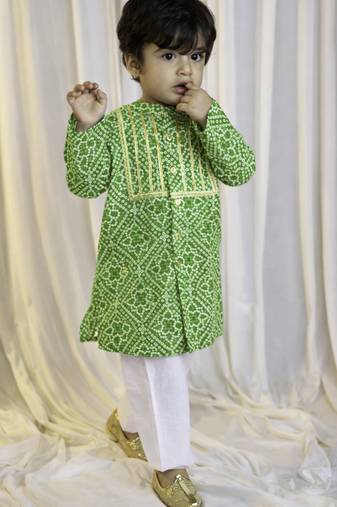kids wear green cotton bandhani kurta pyjama set boys