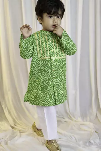 kids wear green cotton bandhani kurta pyjama set boys
