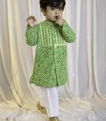 kids wear green cotton bandhani kurta pyjama set boys