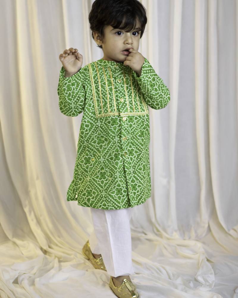 kids wear green cotton bandhani kurta pyjama set boys