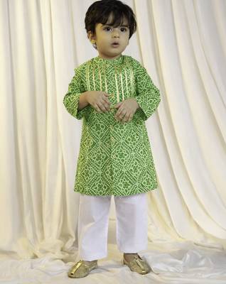 kids wear green cotton bandhani kurta pyjama set boys 3