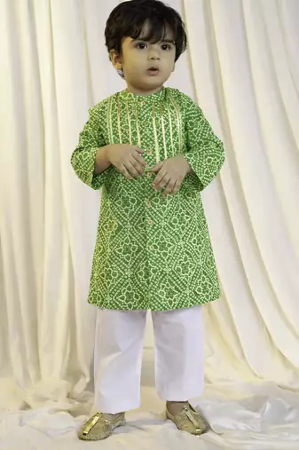 kids wear green cotton bandhani kurta pyjama set boys
