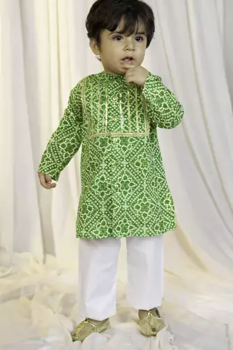 kids wear green cotton bandhani kurta pyjama set boys