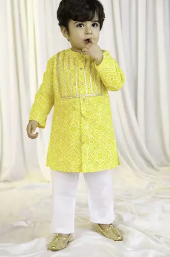 kids wear yellow cotton bandhani kurta pyjama set for boys