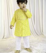 kids wear yellow cotton bandhani kurta pyjama set for boys