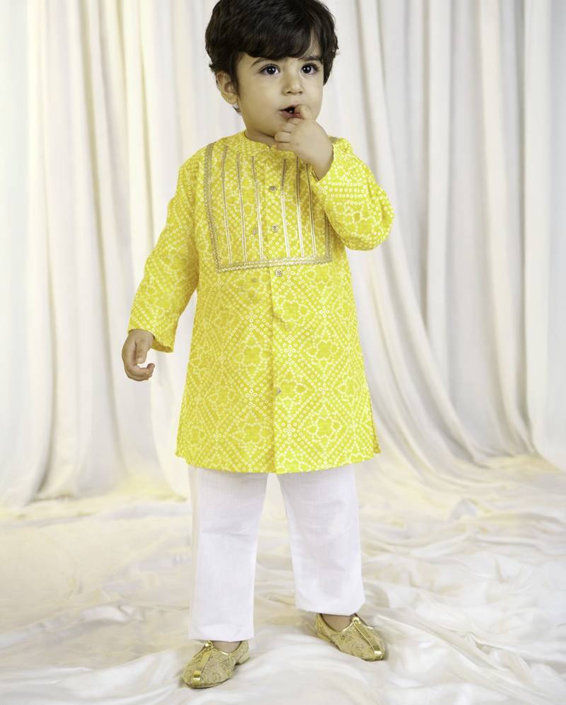 kids wear yellow cotton bandhani kurta pyjama set for boys