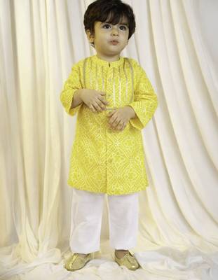 kids wear yellow cotton bandhani kurta pyjama set for boys 3