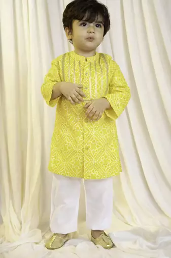kids wear yellow cotton bandhani kurta pyjama set for boys