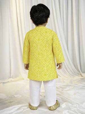 kids wear yellow cotton bandhani kurta pyjama set for boys 4