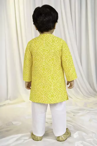 kids wear yellow cotton bandhani kurta pyjama set for boys