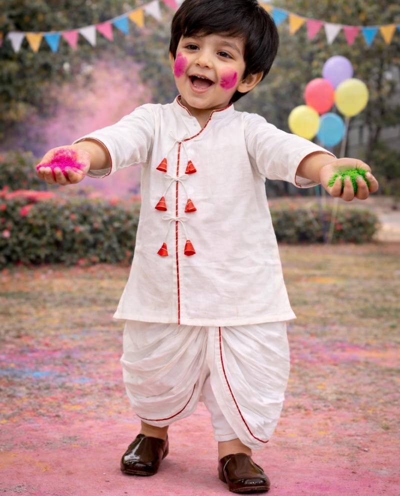 kids wear white angrakha cotton kurta dhoti set for boys