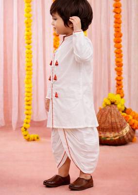 kids wear white angrakha cotton kurta dhoti set for boys 3