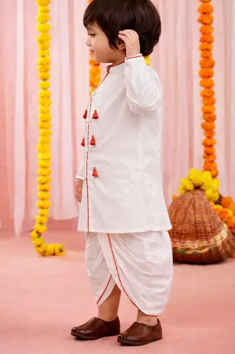 kids wear white angrakha cotton kurta dhoti set for boys