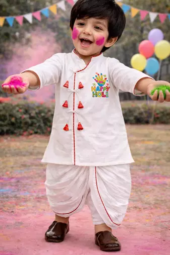 kids wear white angrakha cotton kurta dhoti set with holi print