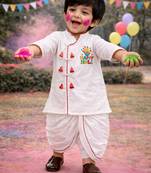 kids wear white angrakha cotton kurta dhoti set with holi print