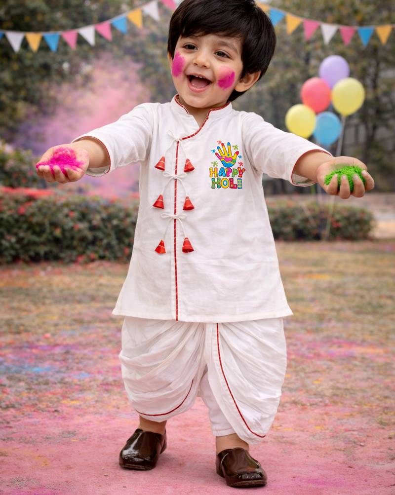 kids wear white angrakha cotton kurta dhoti set with holi print