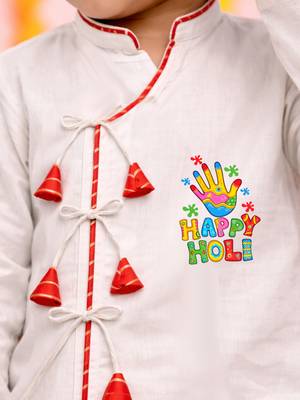 kids wear white angrakha cotton kurta dhoti set with holi print 2