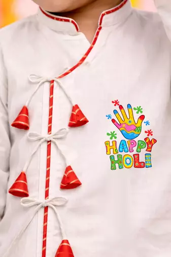 kids wear white angrakha cotton kurta dhoti set with holi print