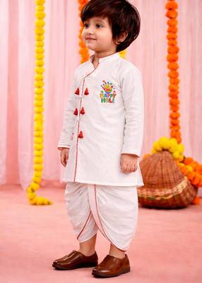 kids wear white angrakha cotton kurta dhoti set with holi print 3
