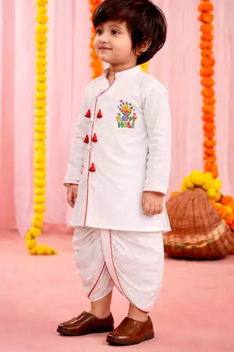 kids wear white angrakha cotton kurta dhoti set with holi print