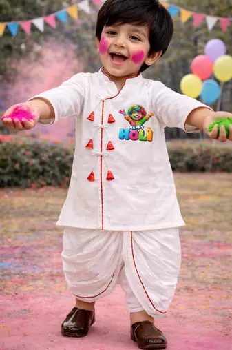 boys white angrakha cotton kurta dhoti set with holi print