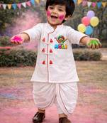 boys white angrakha cotton kurta dhoti set with holi print