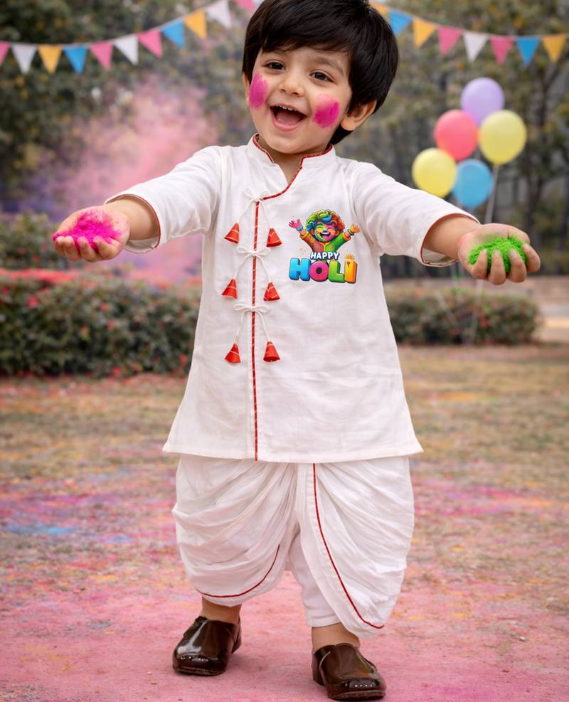 boys white angrakha cotton kurta dhoti set with holi print