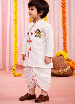 boys white angrakha cotton kurta dhoti set with holi print 3