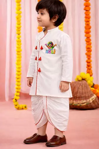 boys white angrakha cotton kurta dhoti set with holi print