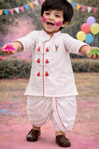 kids wear white cotton angrakha kurta dhoti set holi edition
