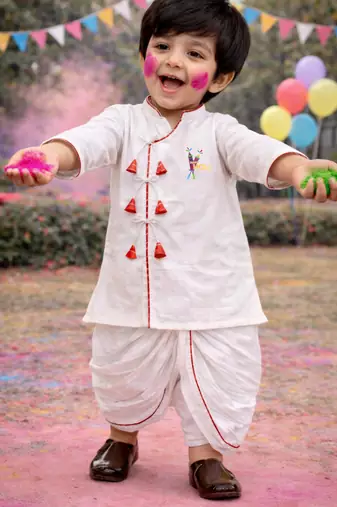 kids wear white cotton angrakha kurta dhoti set holi edition