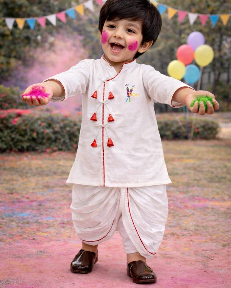kids wear white cotton angrakha kurta dhoti set holi edition