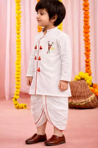 kids wear white cotton angrakha kurta dhoti set holi edition